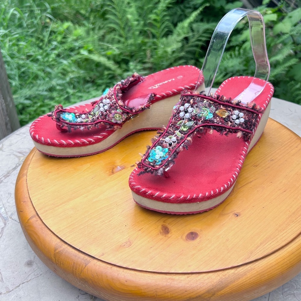 Vintage Wedge Sandals‎ Womens Size 6 Pink Sequin Flower Beaded Laguna Beach
